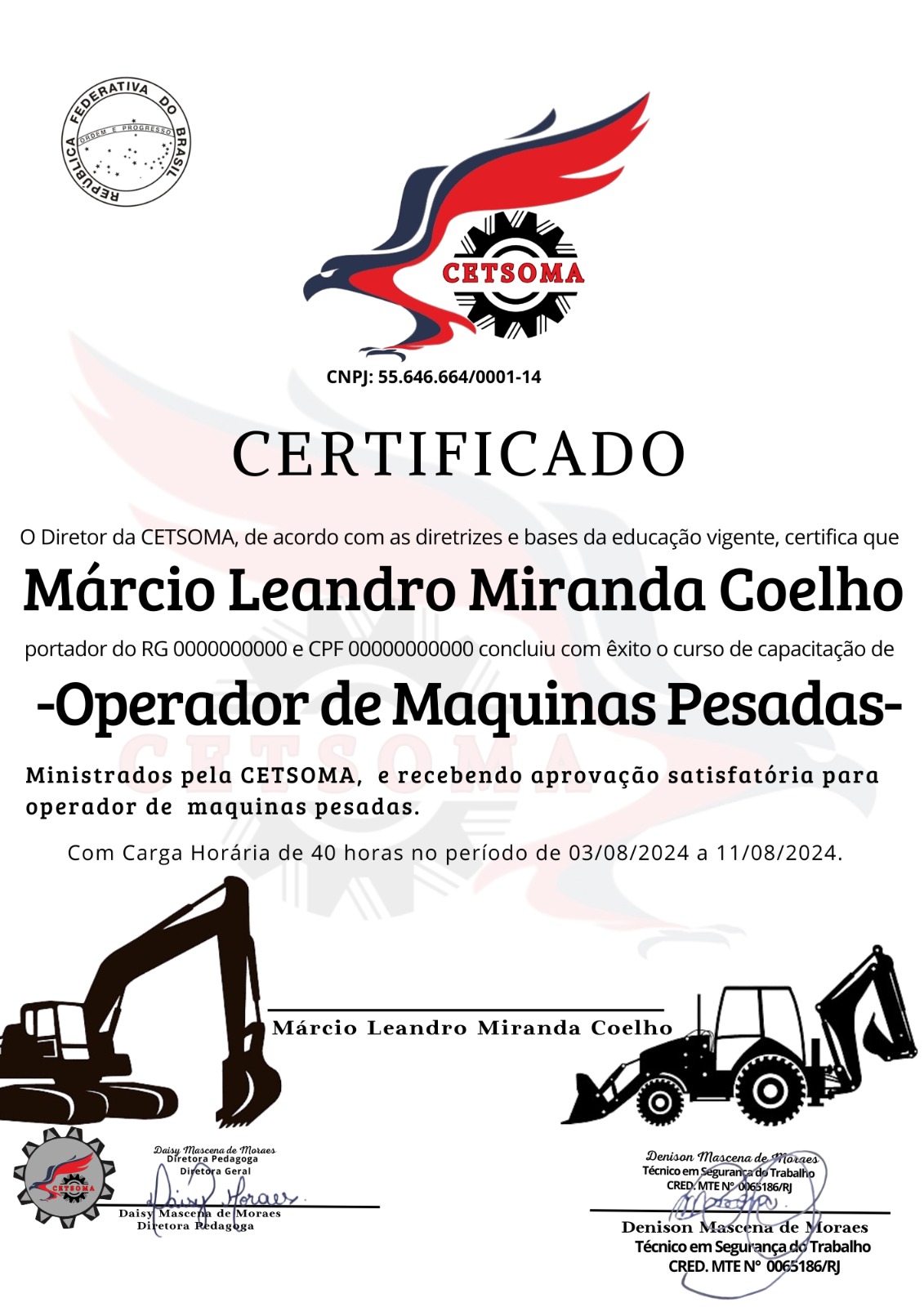 Certificado Operador de Máquinas Pesadas Márcio